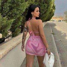 SC Backless V Neck Print Mini Dress GWSD-D1994429
