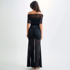 SC Off Shoulder Pleated Mesh Patchwork Dress 2 Piece Set GWSD-D1993943