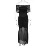 SC Off Shoulder Pleated Mesh Patchwork Dress 2 Piece Set GWSD-D1993943