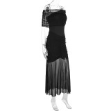 SC Off Shoulder Pleated Mesh Patchwork Dress 2 Piece Set GWSD-D1993943