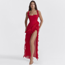 SC Solid Color Ruffles Patchwork Split Maxi Dress GWSD-D1992300