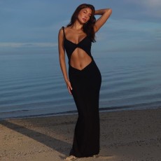 SC Sleeveless Hollow Out Solid Color Maxi Dress GWSD-D1993475