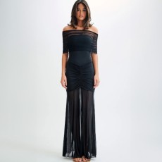 SC Off Shoulder Pleated Mesh Patchwork Dress 2 Piece Set GWSD-D1993943