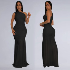 SC Solid Color Slash Shoulder Maxi Dress BY-7370
