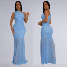 SC Solid Color Slash Shoulder Maxi Dress BY-7370