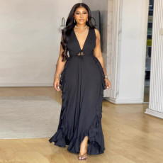 SC Plus Size V Neck Ruffles Maxi Dress NNWF-8084