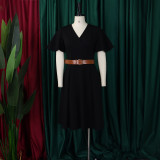 SC Plus Size V Neck Flare Sleeve Solid Color Midi Dress GMLF-3333