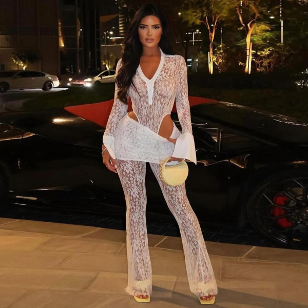 SC Sexy See Through Bodysuit Lace Two Piece Pants Set YF-10835