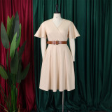 SC Plus Size V Neck Flare Sleeve Solid Color Midi Dress GMLF-3333