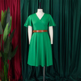 SC Plus Size V Neck Flare Sleeve Solid Color Midi Dress GMLF-3333