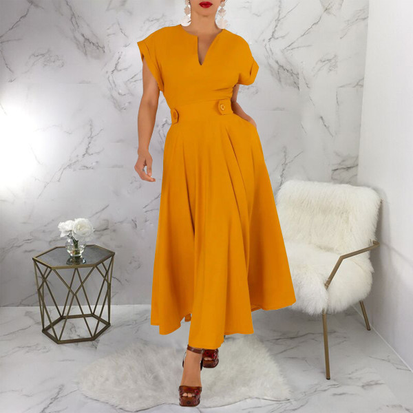 SC Solid Color Short Sleeve Big Swing Maxi Dress YF-20098
