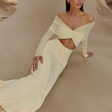 SC Solid Color Long Sleeve Mesh Maxi Dress XEF-K25D71346