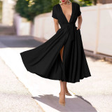 SC Solid Color V Neck Split Maxi Dress YF-20099