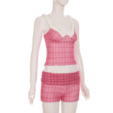 SC Pleated V Neck Plaid Print Sling Two Piece Short Set GLRF-MAS30379