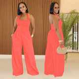 SC Solid Color Halterneck Backless Loose Jumpsuit BY-7390
