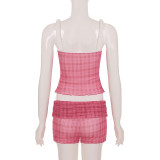 SC Pleated V Neck Plaid Print Sling Two Piece Short Set GLRF-MAS30379