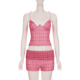SC Pleated V Neck Plaid Print Sling Two Piece Short Set GLRF-MAS30379