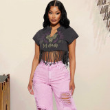 SC Letter Print Short Sleeve Tassel T Shirts GFRT-7710TG