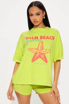 SC Letter Print Short Sleeve Loose Two Piece Shorts Set GBGF-8807