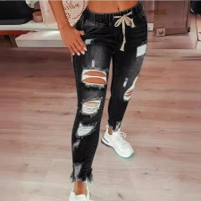 SC Plus Size Fashion Holes Tie Up Slim Jeans XCFF-331