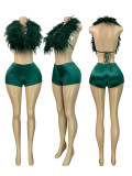 SC Halterneck Tie Up Feather Two Piece Short Set CH-25025