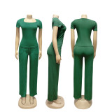 SC Solid Color Square Neck Top And Wide Leg Pants Suit SFY-730