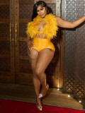 SC Halterneck Tie Up Feather Two Piece Short Set CH-25025