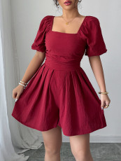 SC Short Sleeve Solid Color Pleated Romper GZEY-D2316023