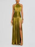 SC Metallic Color Pressed Pleat Split Lace-Up Maxi Dress  GSNU-8155