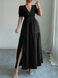 SC Solid Color V Neck Split Maxi Dress GZEY-D2343180