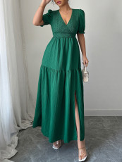 SC Solid Color V Neck Split Maxi Dress GZEY-D2343180