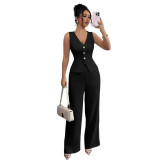 SC Solid Color V Neck Vest Loose Pants Suit LSD-2487