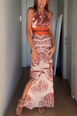 SC Print Tie Up Backless Split Maxi Dress GSNU-8136