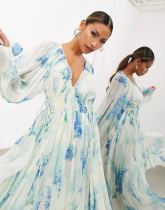 SC Printed Chiffon Pleated Maxi Dress GSNU-8042
