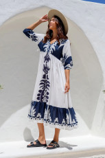 SC Print Drawstring Half Sleeve Long Dress GSNU-8039