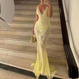 SC V Neck Backless Sequin Fishtail Dress GSNU-8106