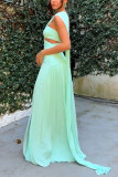 SC Slash Shoulder Pleated Flutter Split Maxi Dress GSNU-8163
