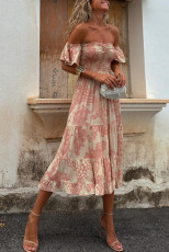 SC Printed Short Sleeve Ruffle Midi Dress GSNU-8058