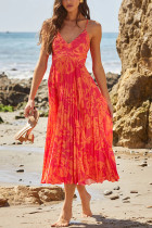 SC Print Pleated V Neck Sling Maxi Dress GSNU-8087