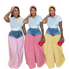 SC Denim Patchwork Plaid Loose Wide Leg Pants SFY-737