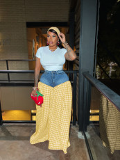 SC Denim Patchwork Plaid Loose Wide Leg Pants SFY-737