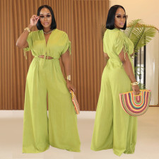SC Solid Color V Neck Tie Up Wide Leg Jumpsuit BY-7388