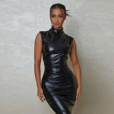 SC Solid Color PU Leather Sleeveless Maxi Dress GPBY-14369