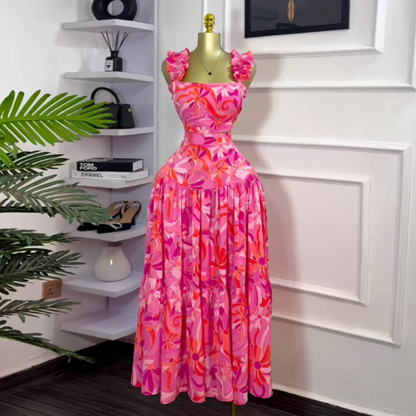 SC Print Sleeveless Vest Long Skirt 2 Piece Set GMSF-SU9104