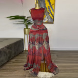 SC O Neck Print Sleeveless Split Maxi Dress GMSF-SU9169