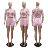 SC Embroidered Mesh O Neck Long Sleeve Top Shorts Set CYA-901737