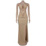 SC Knit Halterneck Backless Solid Color Maxi Dress BY-7407