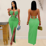 SC Knit Halterneck Backless Solid Color Maxi Dress BY-7407