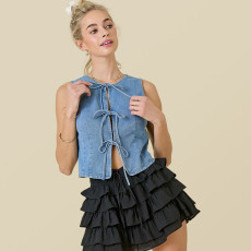 SC Sleeveless Round Neck Lace-Up Denim Vest GMYT-13978