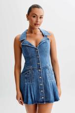 SC Sleeveless Lapel Denim Mini Dress GMYT-13612
